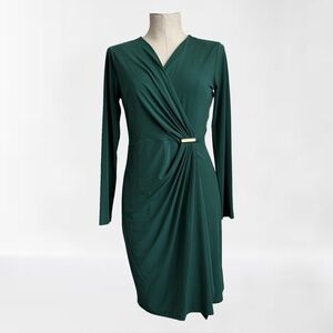 MICHAEL KORS Emerald Green Faux Wrap Dress with Gold Hardware